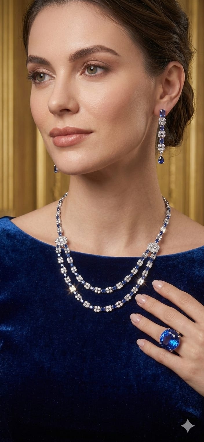 Luxury Blue Crystal Double Layer Necklace Set for Women