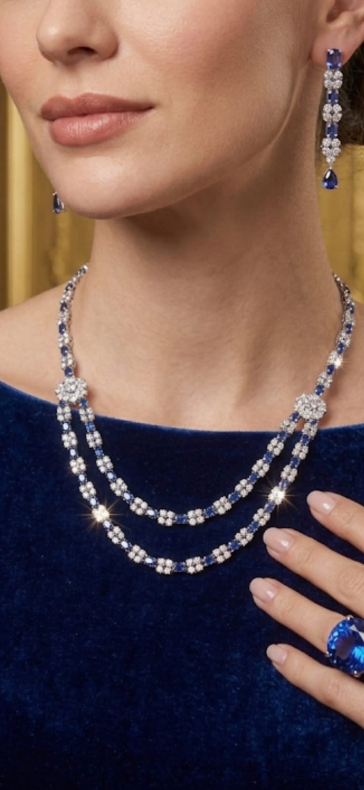 Luxury Blue Crystal Double Layer Necklace Set for Women