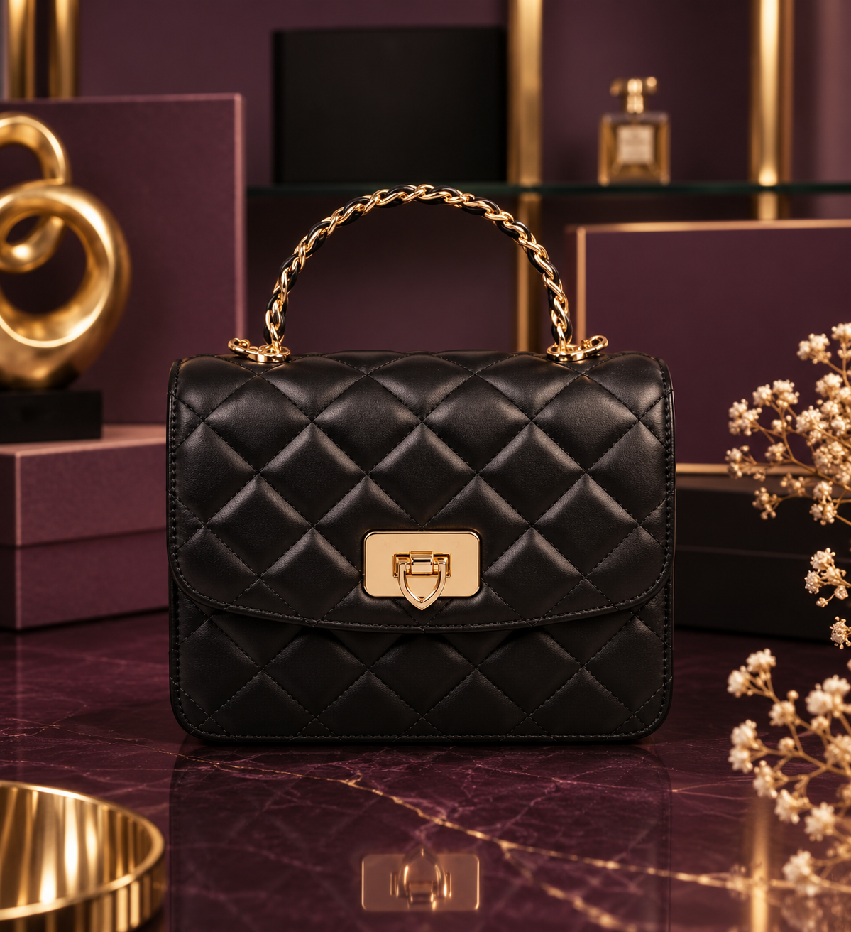 Charles & Keith Style Quilted Mini Handbag for Women– Black