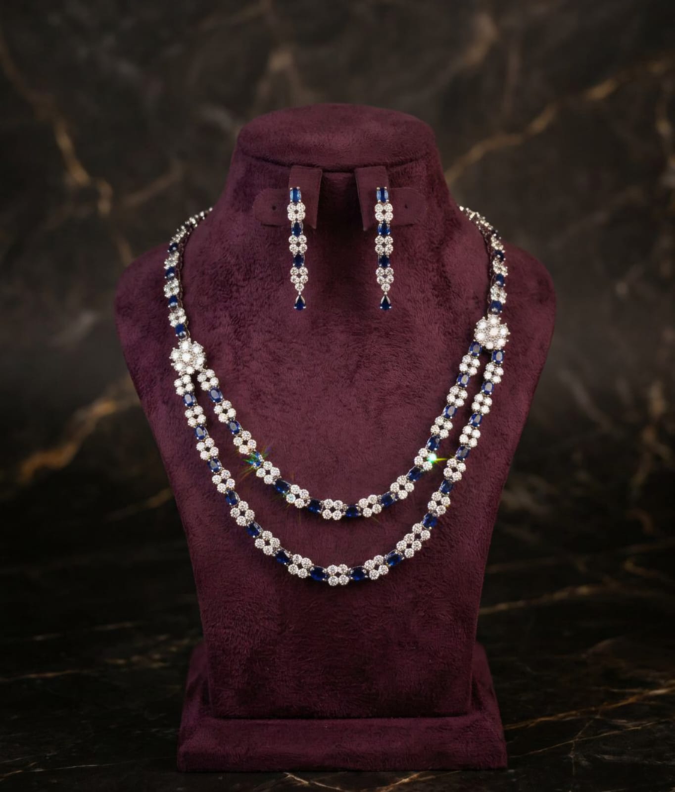 Luxury Blue Crystal Double Layer Necklace Set for Women