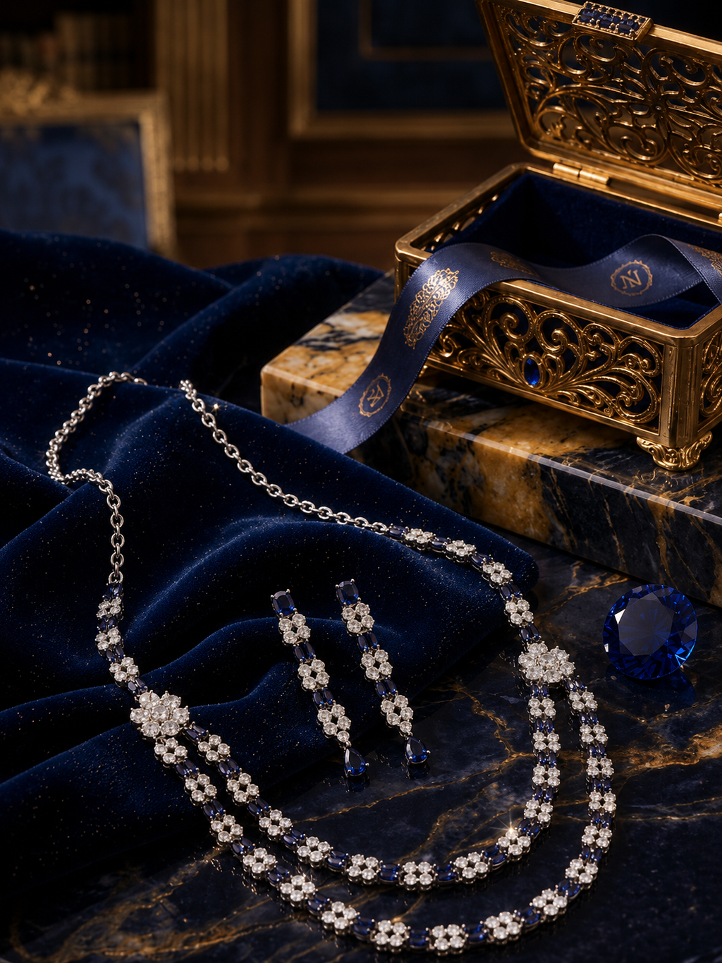 Luxury Blue Crystal Double Layer Necklace Set for Women
